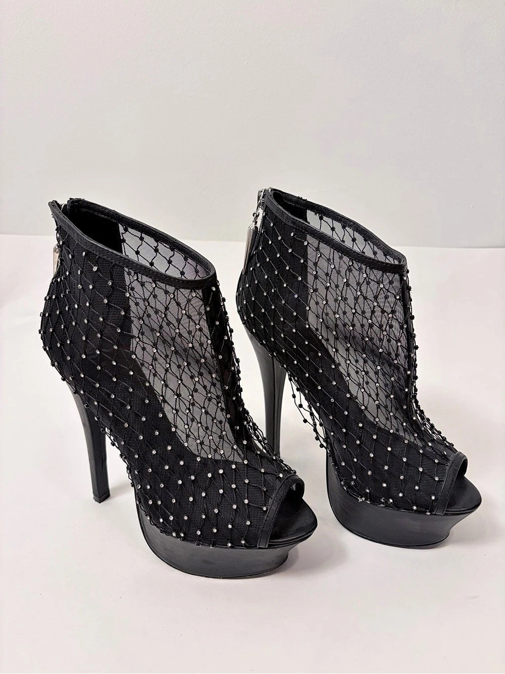 Rock & Republic Black Rhinestone Mesh Platform Peep-Toe Booties – Size 36.5